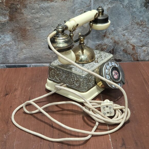 Vintage French Victorian Style Cream & Gold Rotary Dial Cradle Phone Desk Teleph - Picture 15 of 15